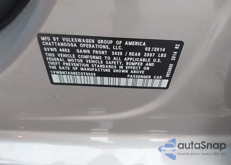 2014 Volkswagen Passat 2.0L Tdi Se из США, поврежденный, VIN 1VWBN7A36EC073033